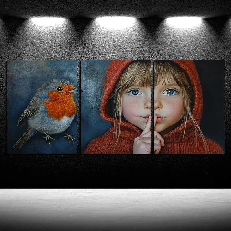 3pcs Girl in Red And The Bird Metal Print Ready to Hang Art