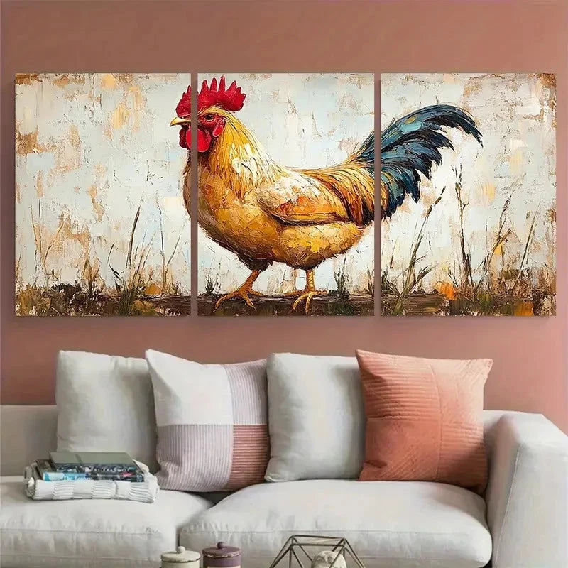 3pcs Rustic Rooster Farm Animal Impasto Design Metal Print Ready to Hang Art