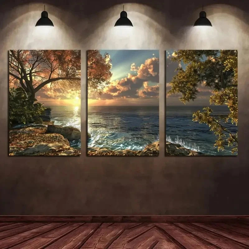3pcs The Sun Setting Over An Ocean Design Metal Print Ready to Hang Art