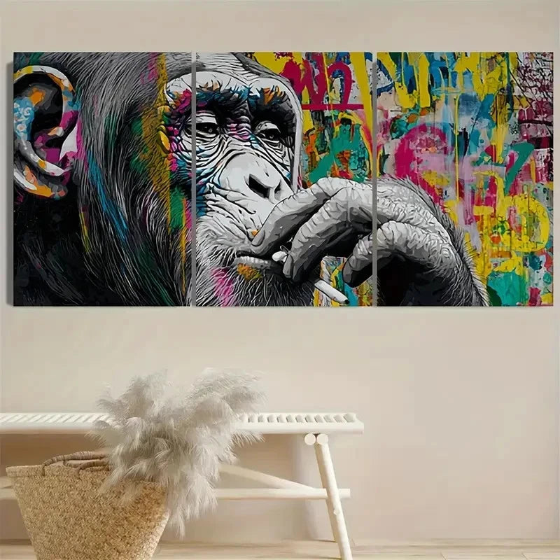3pcs Graffiti Monkey Artwork Wall Art Set Canvas Framed 50x70cm - High Quality Print 100% Australian Made Wall Canvas Ready to Hang