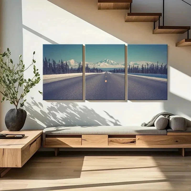 3pcs Snowy Mountains Road and Trees Wall Art Set Canvas Framed 40x60cm - High Quality Print 100% Australian Made Wall Canvas Ready to Hang