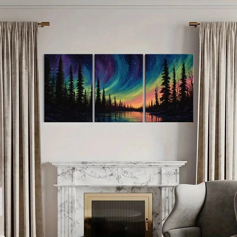 3pcs Northern Lights Forest Silhouette Aurora Metal Print Ready to Hang Art