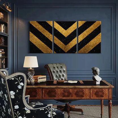 3pcs Abstract Golden Glitter Chevron Stripes Metal Print Ready to Hang Art