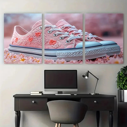 3pcs Pink Coral Floral Trainer Sneakers Lace Love Metal Print Ready to Hang Art