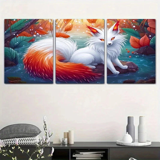 3pcs White Fox Orange Tail Stunning Red Eyes Metal Print Ready to Hang Art