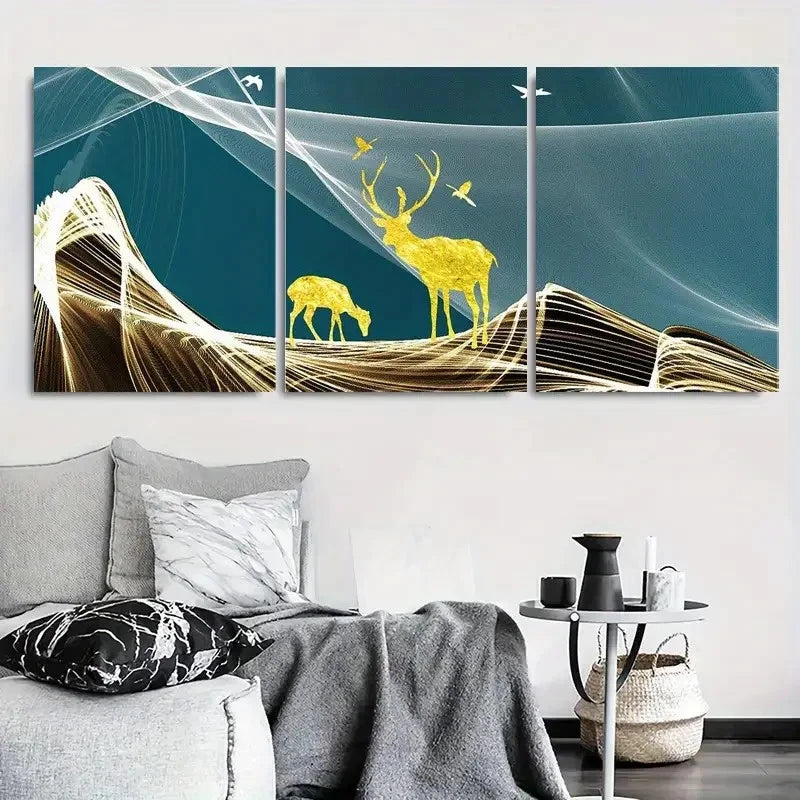 3pcs Golden Deer and Nature Landscape Metal Print Ready to Hang Art