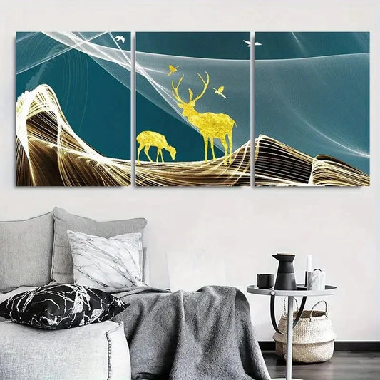 3pcs Golden Deer and Nature Landscape Metal Print Ready to Hang Art