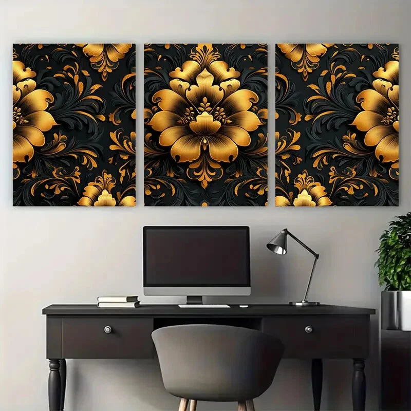 3pcs Ornate Golden Black Floral Damask Pattern Metal Print Ready to Hang Art