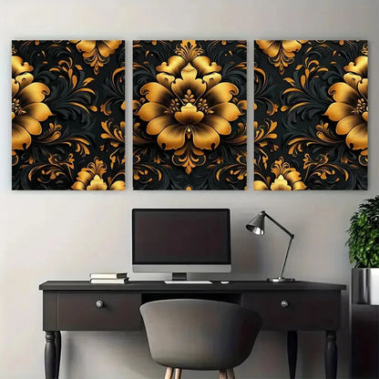 3pcs Ornate Golden Black Floral Damask Pattern Metal Print Ready to Hang Art