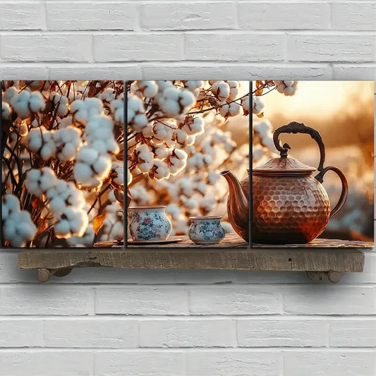 3pcs Teapots and Cups in The Fields White Flowers Metal Print Ready to Hang Art