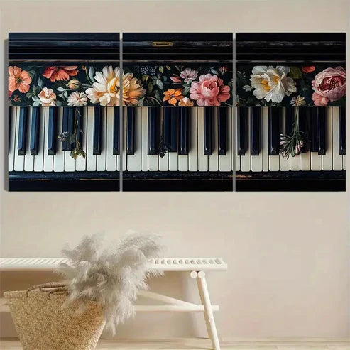 3pcs Floral Piano Keys Wall Art Set Canvas Unframed - High Quality Print 100% Australian Made Wall Canvas