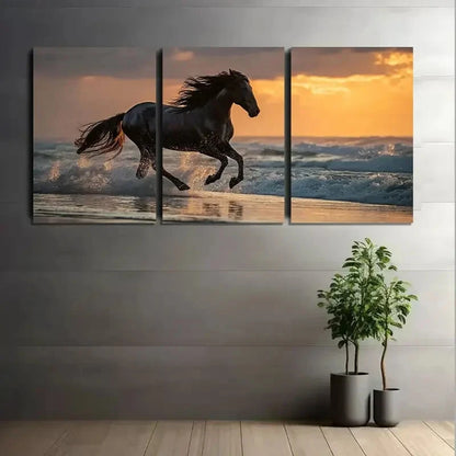 3pcs Black Horse Galloping on the Beach Metal Print Ready to Hang Art