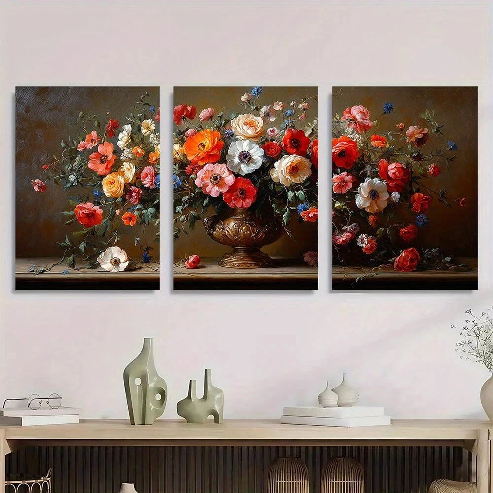 3pcs Vibrant Floral Bouquet Vase Elegant Metal Print Ready to Hang Art