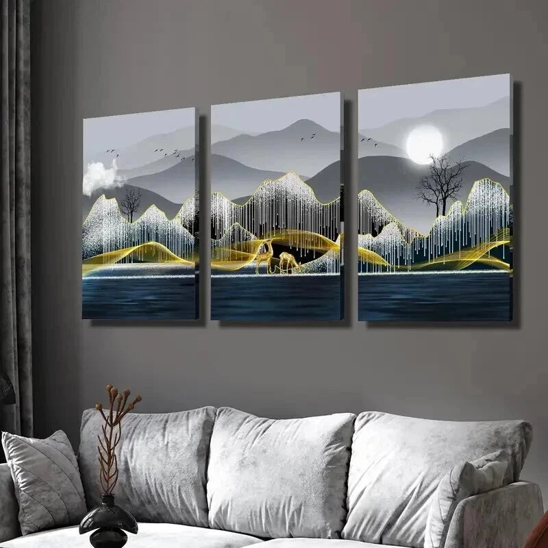 3pcs Elk Trees Mountains River Full Moon Wall Art Set Canvas Framed 40x60cm - High Quality Print 100% Australian Made Wall Canvas Ready to Hang