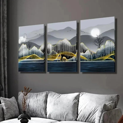 3pcs Elk Trees Mountains River Full Moon Wall Art Set Canvas Framed 40x60cm - High Quality Print 100% Australian Made Wall Canvas Ready to Hang