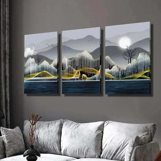 3pcs Elk Trees Mountains River Full Moon Wall Art Set Canvas Framed 40x60cm - High Quality Print 100% Australian Made Wall Canvas Ready to Hang