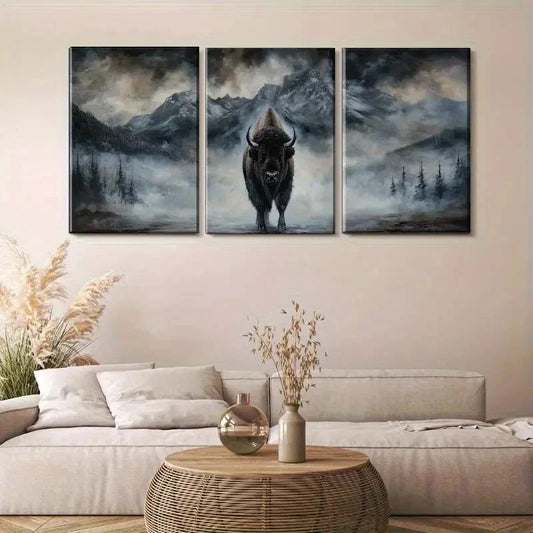 3pcs Bison in Foggy Mountain Landscape Metal Print Ready to Hang Art