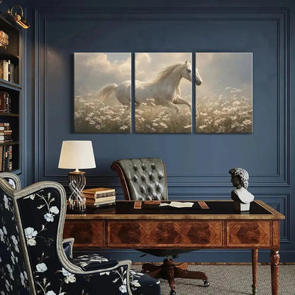 3pcs White Horse Running Through Daisy Field Metal Print Ready to Hang Art