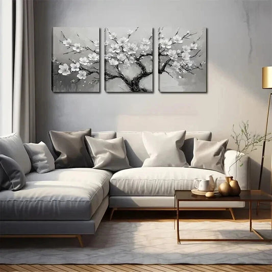 3pcs Serene Grey Tree with White Flowers Wall Art Set Canvas Framed 40x60cm - High Quality Print 100% Australian Made Wall Canvas Ready to Hang