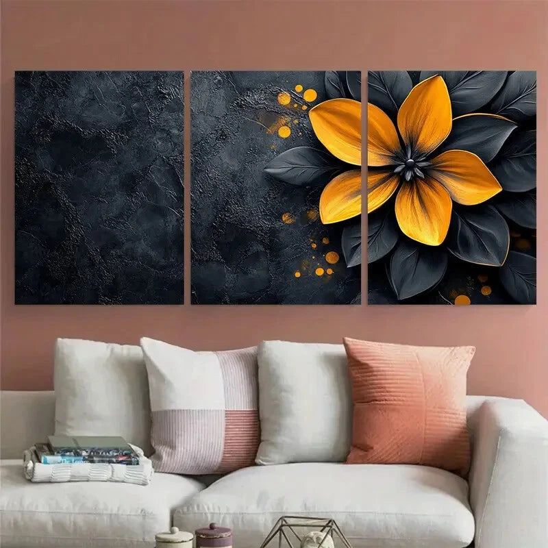 3pcs Black Yellow Floral Geometric Abstract Design Metal Print Ready to Hang Art