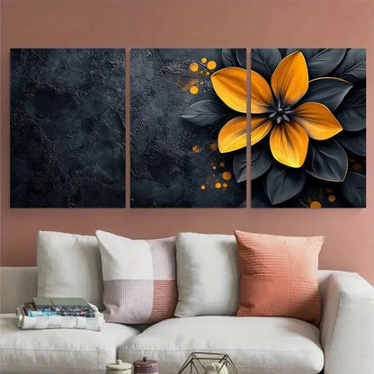 3pcs Black Yellow Floral Geometric Abstract Design Metal Print Ready to Hang Art