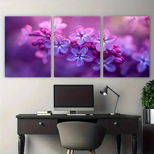 3pcs Elegant Serene Violet Lilac Floral Metal Print Ready to Hang Art