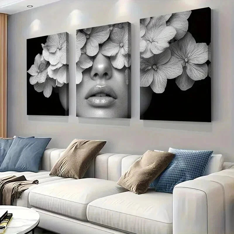 3pcs Black & White Woman with Flowers Design Wall Art Set Canvas Framed 40x60cm - High Quality Print 100% Australian Made Wall Canvas Ready to Hang