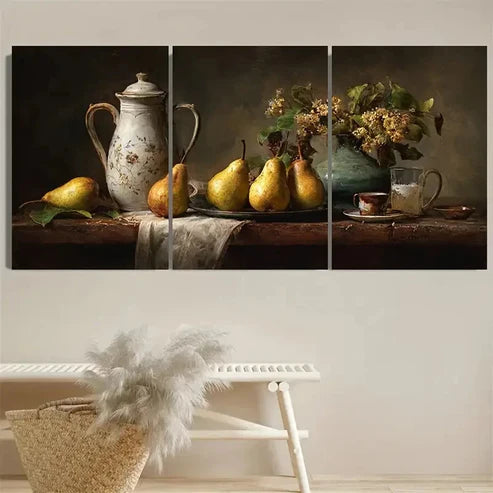 3pcs Pear Still Life, Kitchen Moody Wall Art Set Canvas Unframed - High Quality Print 100% Australian Made Wall Canvas