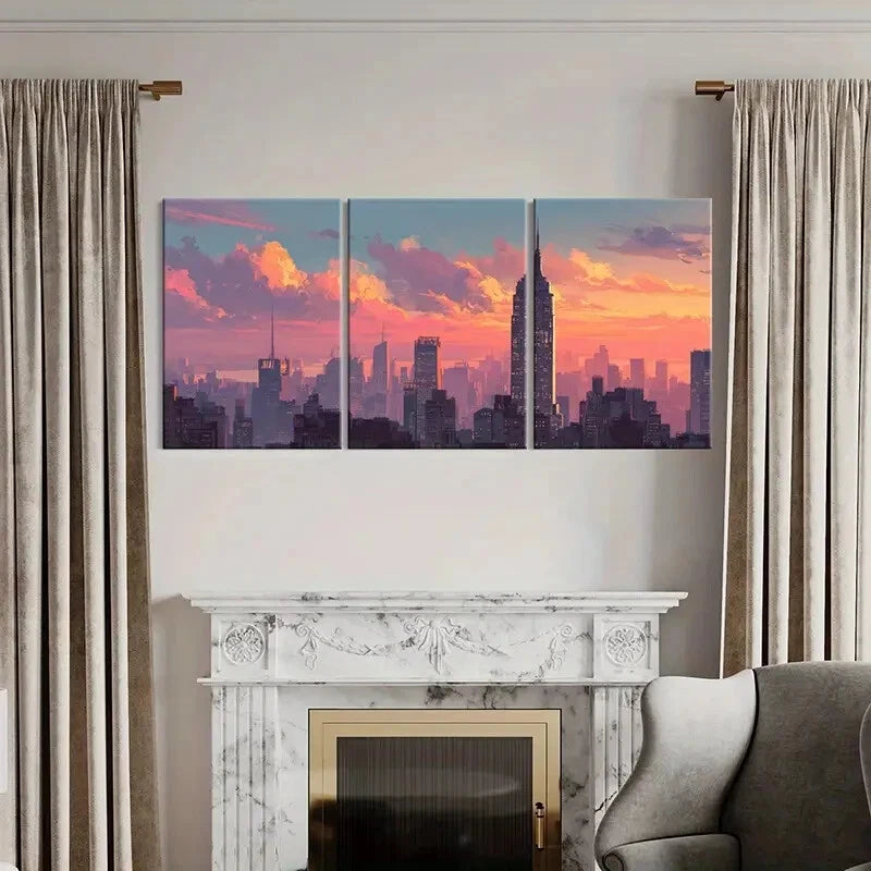 3pcs Cityscape Art Urban Skyline Sunset Glow Metal Print Ready to Hang Art