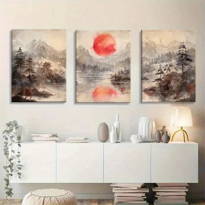 3pcs Serene Red Sun & Misty River Landscape Metal Print Ready to Hang Art