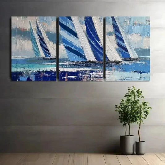 3pcs Blue & White Sailboat Design Print Metal Print Ready to Hang Art
