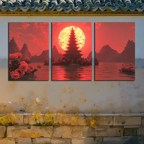 3pcs Pagoda and Moon Canvas Framed 60x90cm - High Quality Print 100% Australian Made Wall Canvas Ready to Hang