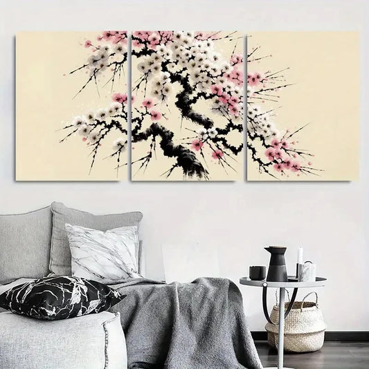 3pcs Elegant Pink and White Plum Blossom Wall Art Set Canvas Framed 40x60cm - High Quality Print 100% Australian Made Wall Canvas Ready to Hang