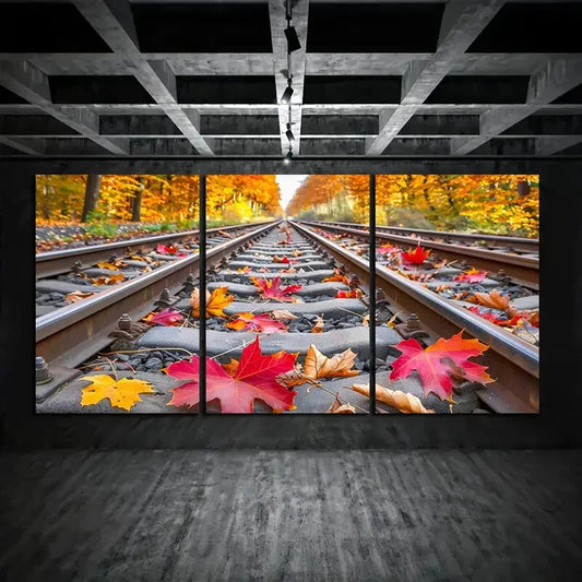 3pcs Autumn Leaves on Old Railway Track Metal Print Ready to Hang Art