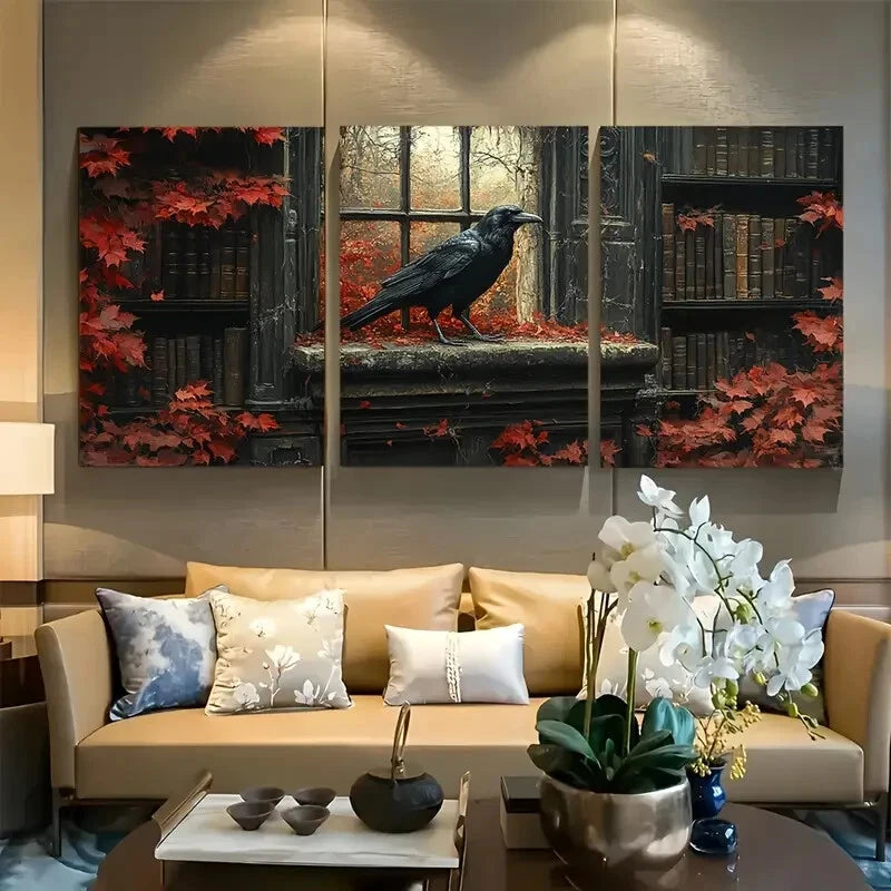 3pcs Gothic Raven in Library Window Metal Print Ready to Hang Art