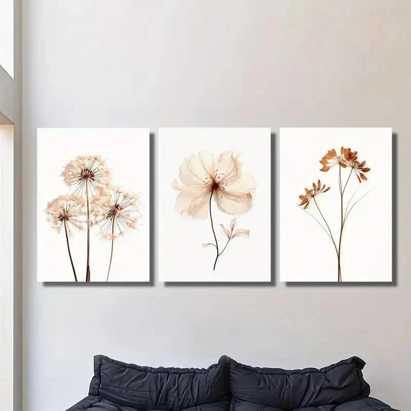 3pcs wildflower murals, neutral toned florals, Metal Print Ready to Hang Art