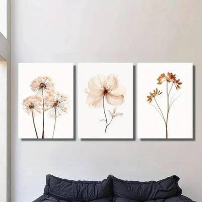 3pcs wildflower murals, neutral toned florals, Metal Print Ready to Hang Art