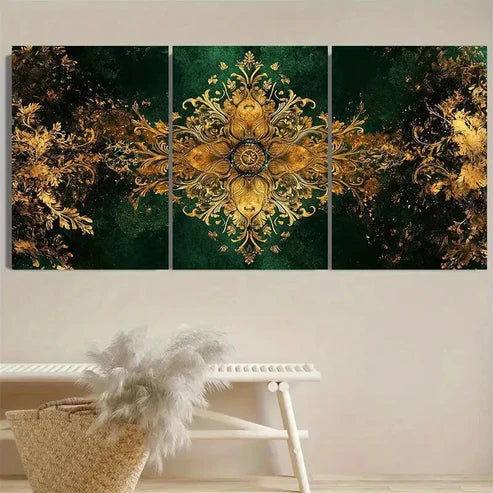 3pcs Bohemian Golden and Green Wall Art Set Canvas Unframed - High Quality Print 100% Australian Made Wall Canvas