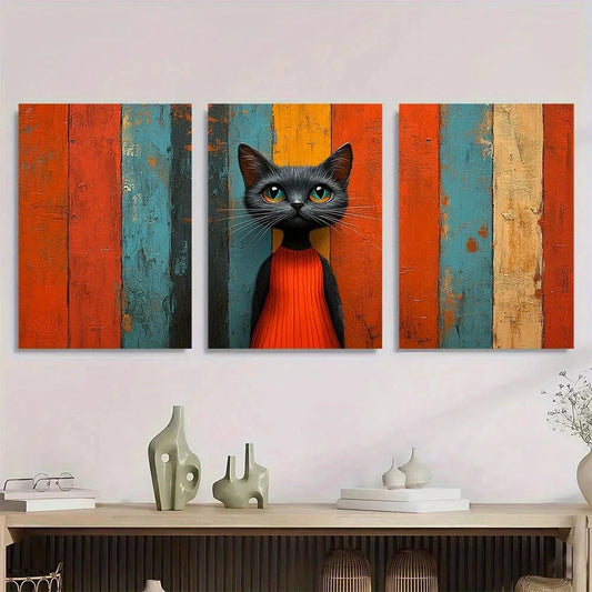 3pcs Vibrant Whimsical Cat in Orange Dress Metal Print Ready to Hang Art