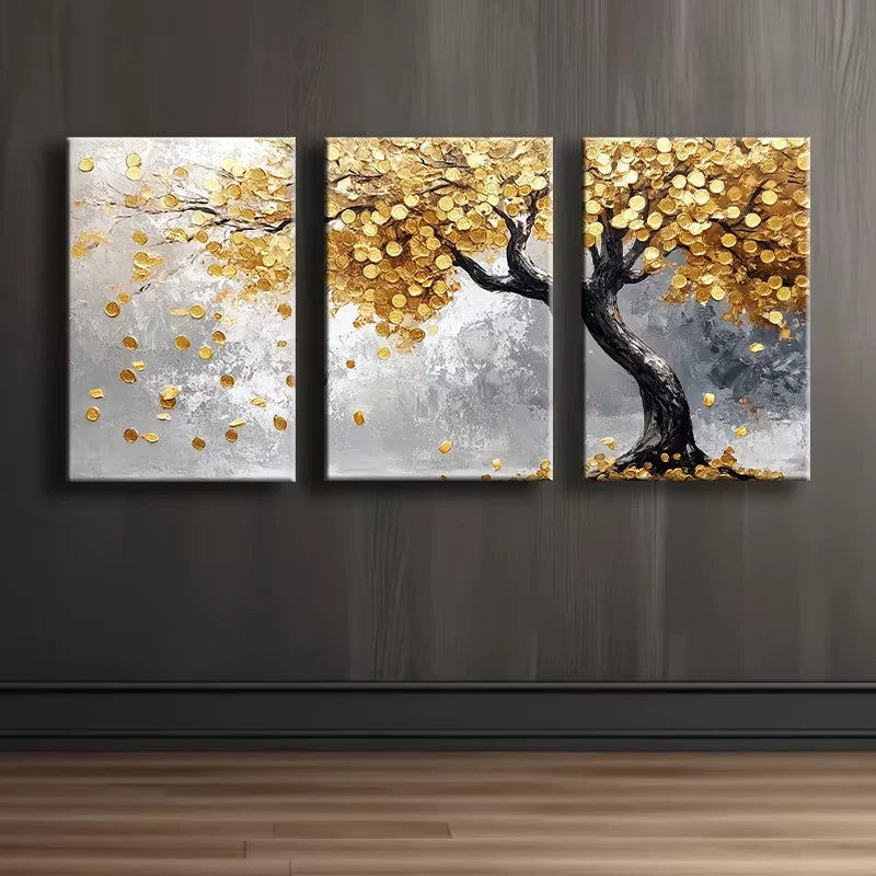 3pcs Luxurious Golden Leaf Tree Illustration Wall Art Set Canvas Framed 40x60cm - High Quality Print 100% Australian Made Wall Canvas Ready to Hang