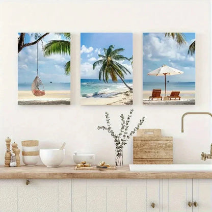 3pcs Coconut Palm Lounge Chair Wall Art Set Canvas Framed 40x60cm - High Quality Print 100% Australian Made Wall Canvas Ready to Hang