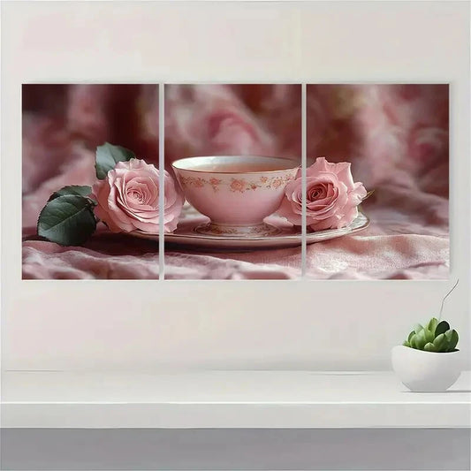 3pcs Beautiful Painting of Pink Roses an Elegant Metal Print Ready to Hang Art