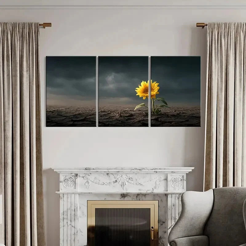 3pcs Sunflower Dark Sky Cracked Earth Metal Print Ready to Hang Art