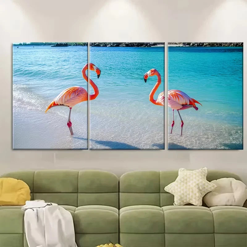 3pcs Pink Flamingo Beach Photography Metal Print Ready to Hang Art