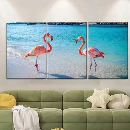 3pcs Pink Flamingo Beach Photography Metal Print Ready to Hang Art