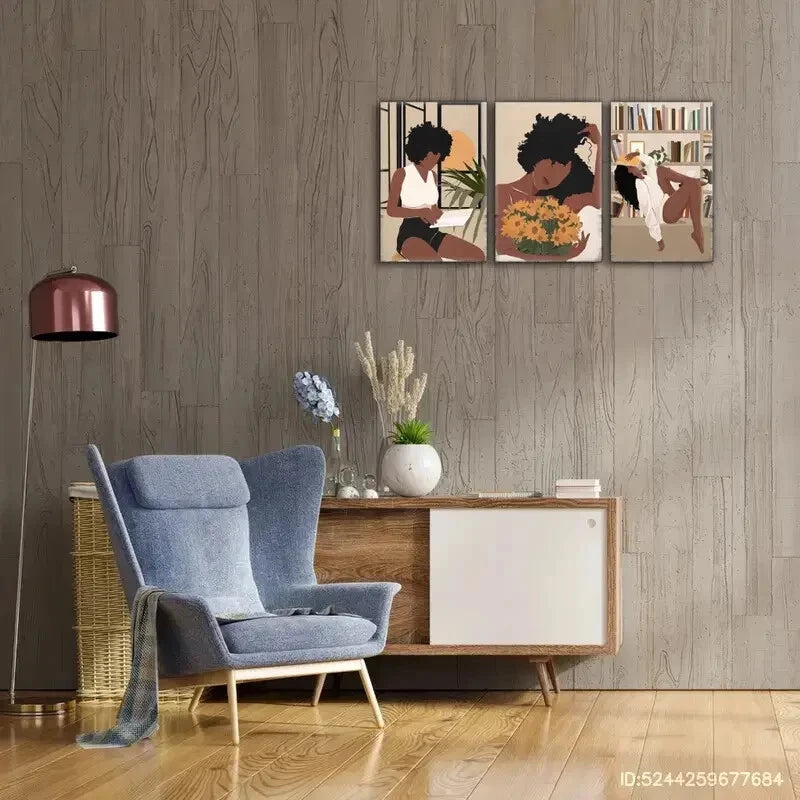 3pcs Vibrant Black Woman with Sunflowers Metal Print Ready to Hang Art