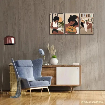 3pcs Vibrant Black Woman with Sunflowers Metal Print Ready to Hang Art