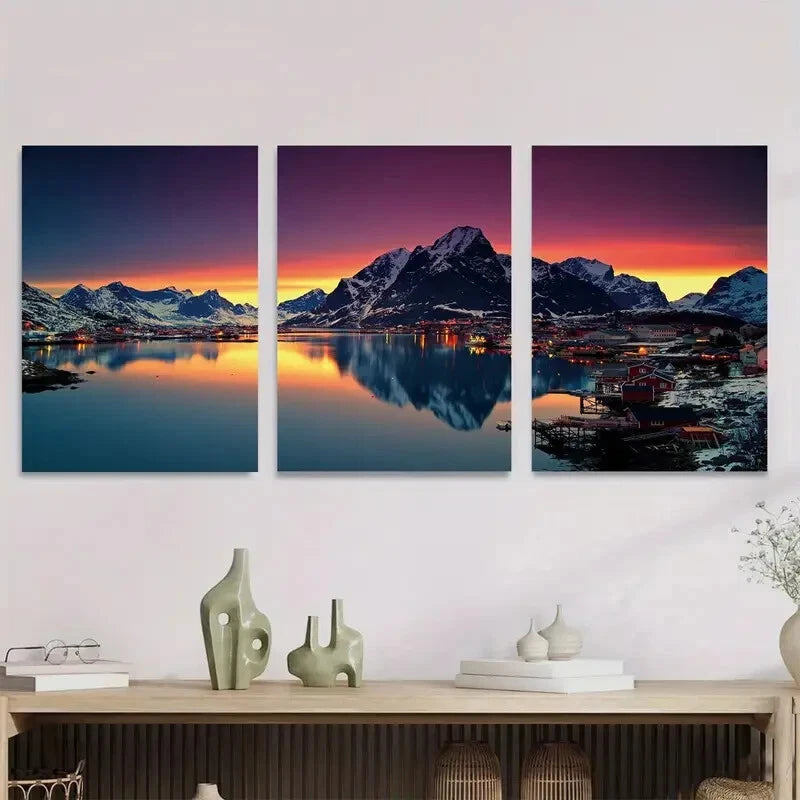 3pcs Scenic Mountain Sunset Landscape Triptych Metal Print Ready to Hang Art