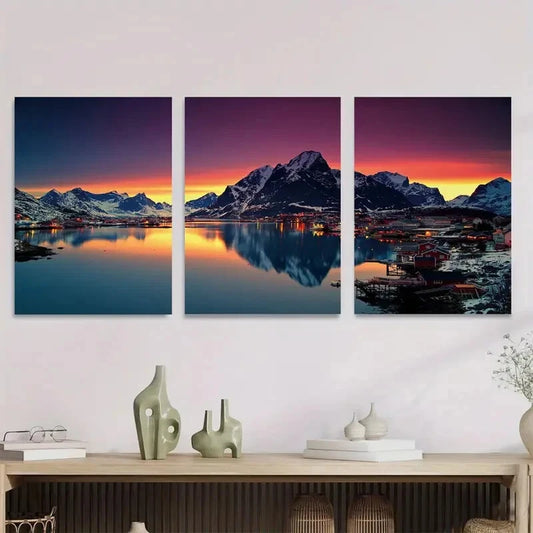 3pcs Scenic Mountain Sunset Landscape Triptych Metal Print Ready to Hang Art