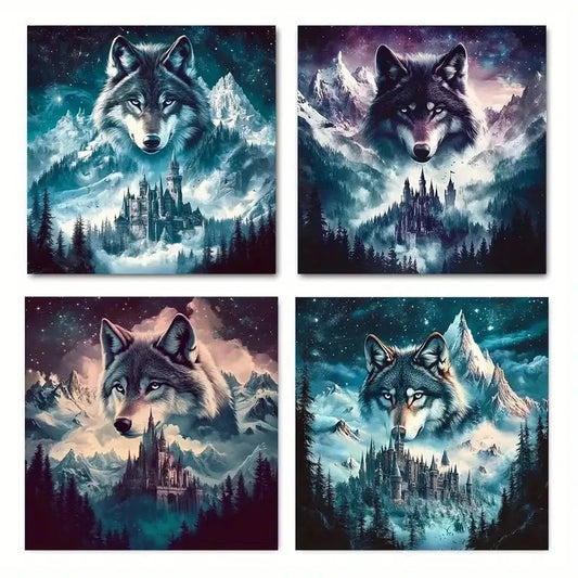 4pcs Abstract Wolf Theme Poster  Wall Art Canvas Framed